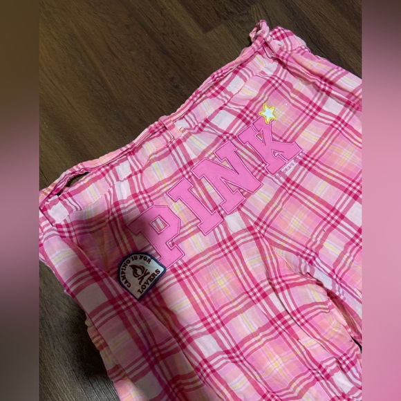 PINK VICTORIA SECRETPLAID PATCH Y2k logoadjustable pants springcasual rare
